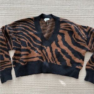 Brown and Black V-Neck Cropped Sweater with Bold Stripe Pattern